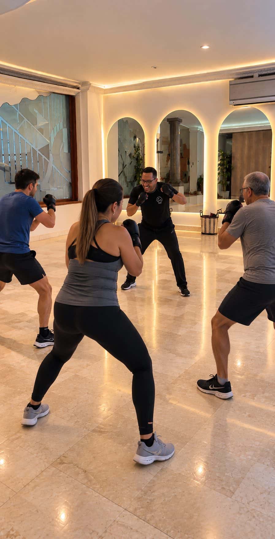 Mujer con guantes de boxeo entrenando con su instructor