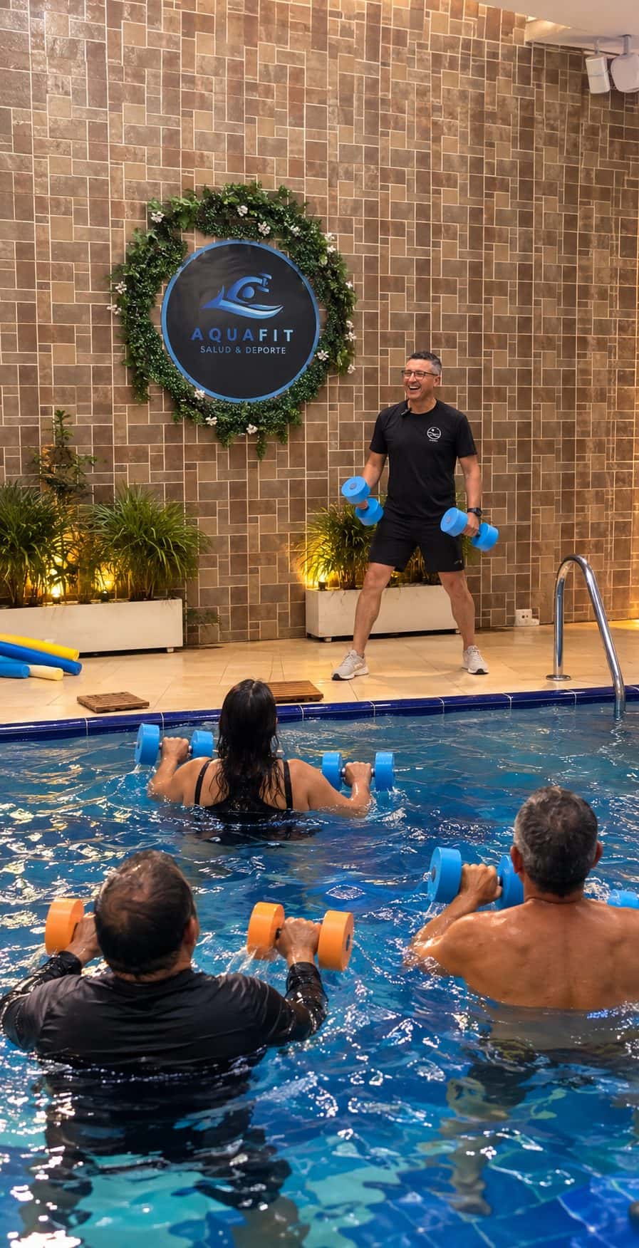 Personas haciendo ejercicios de estiramiento en la piscina