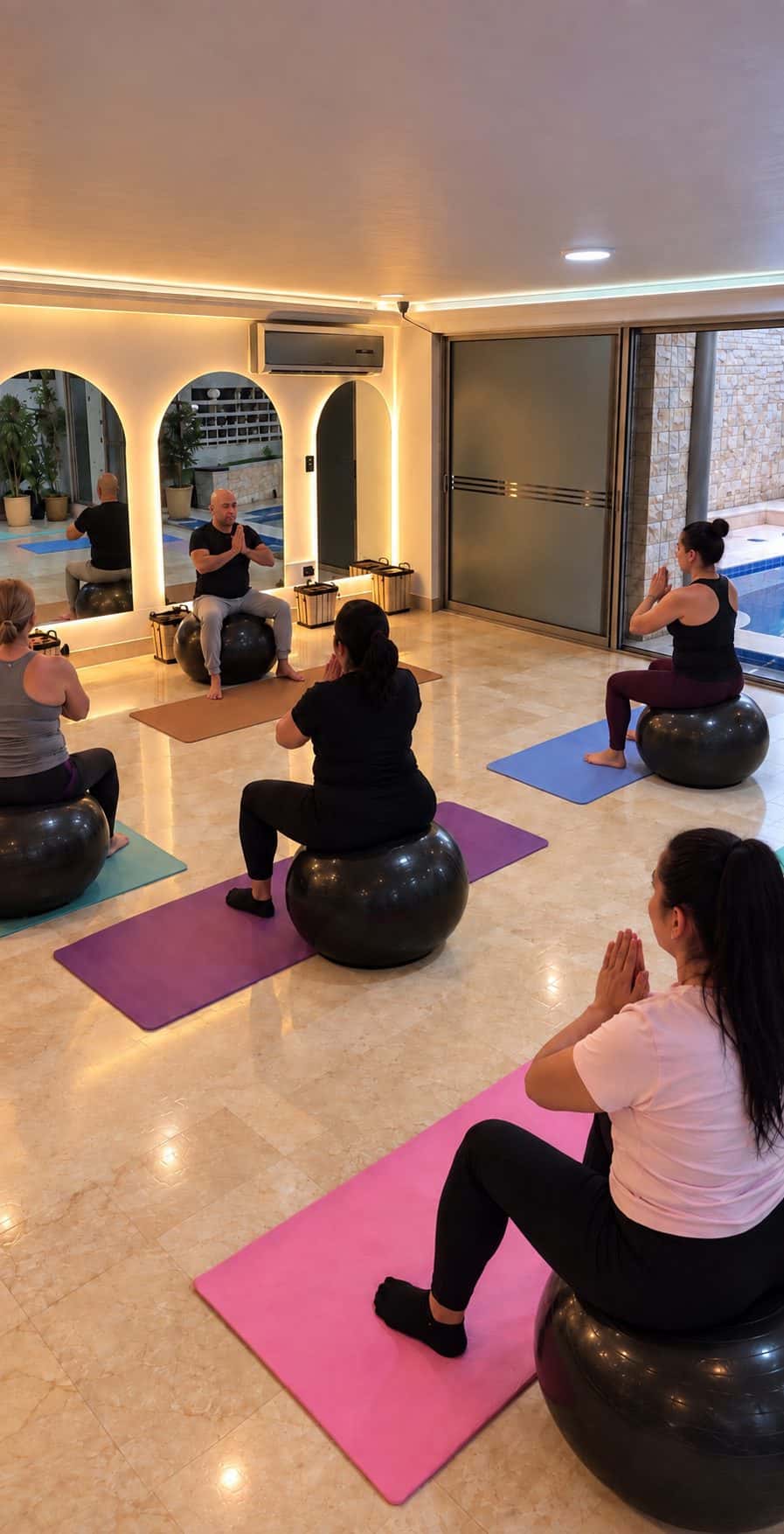 Mujer haciendo Pilates en reformer en un estudio de tonos cálidos