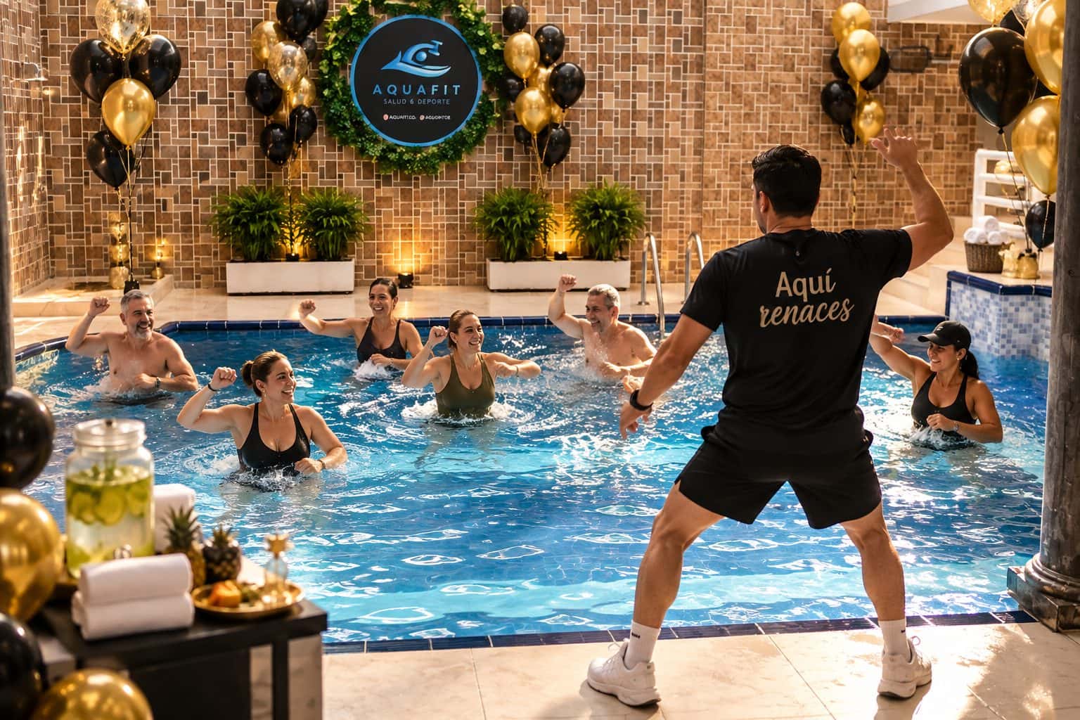 Celebración corporativa en la piscina de KORU con globos dorados y Aqua Zumba