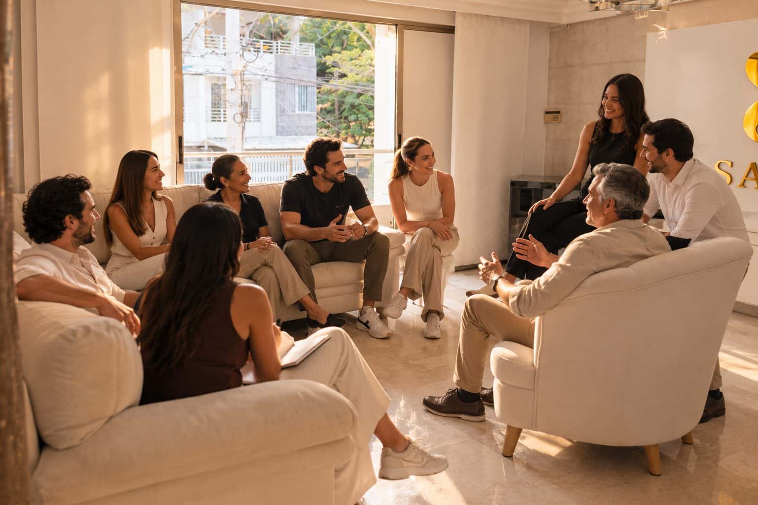 Equipo conversando en los sillones de la zona social de KORU
