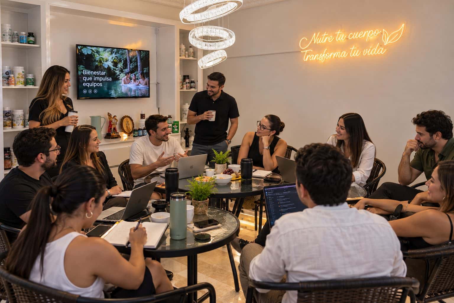 Grupo grande de una empresa reunido en la zona social de KORU